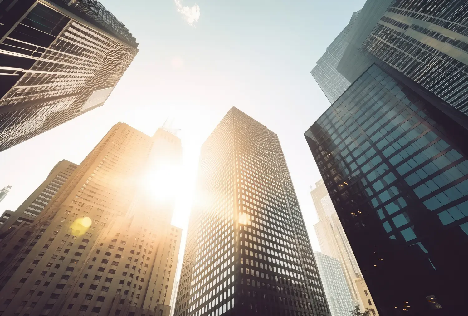 Sonnenaufgang zwischen Wolkenkratzern im städtischen Stadtbild